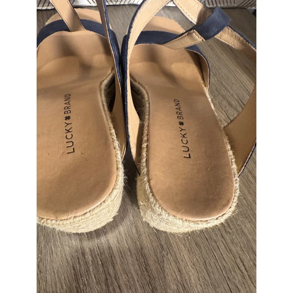 Lucky Brand Valki Navy Blue Leather T-Strap Espadrille Wedge Sandals 6.5M
